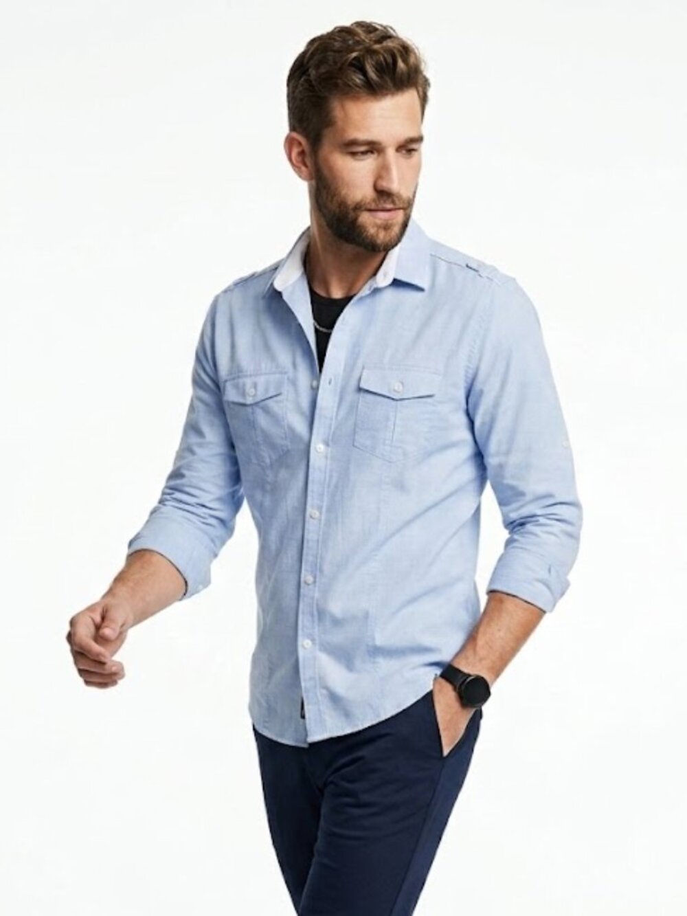 INC Men’s Button Up Shirt Long Sleeves Shoulder Tabs Two Front Pockets Small